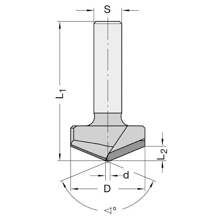 Diamant V-Groeffrees 90°, L2=30 mm, TL=95 mm, S=25 mm, Z=2, DP