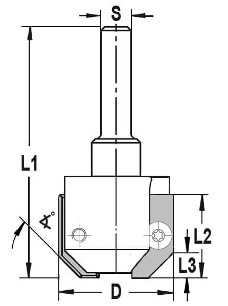 UNITEC houder met fasekeermessen 45° zonder lager, L3=10 mm, S=8 mm, HW