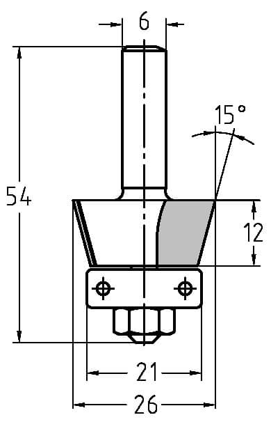 Fasefrees 15° met lager, L2=12 mm, TL=54 mm, S=6 mm, HW