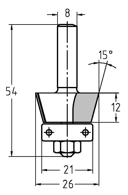 Fasefrees 15° met lager, L2=12 mm, TL=54 mm, S=8 mm, HW