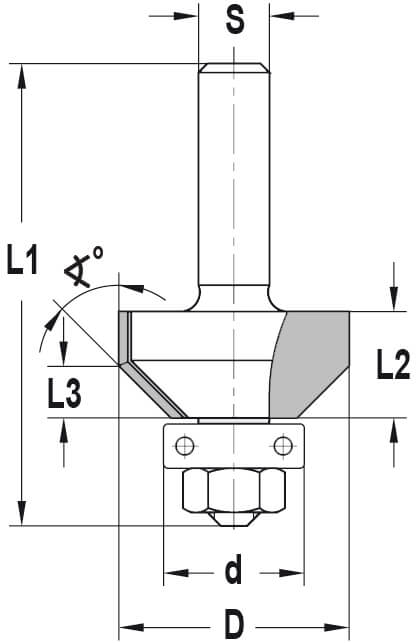 Fasefrees 45° met lager, L3=6 mm, TL=52 mm, S=6 mm, HW