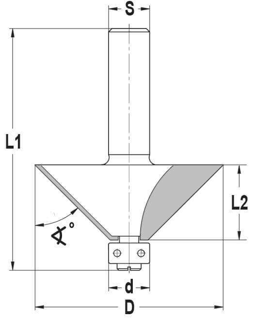 Fasefrees 45° met lager, L2=18 mm, TL=60 mm, S=8 mm, HW