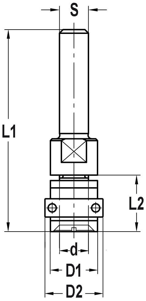 Spindel met vlakke onderkant en lager, opname (d) 8,0 mm, L2=15 mm, S=10 mm