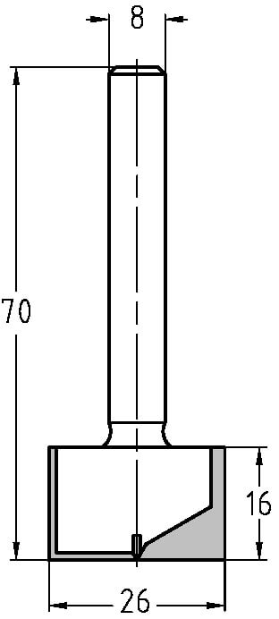 Groeffrees Ø 26 x 16 mm, TL=70 mm, S=8 mm, HW