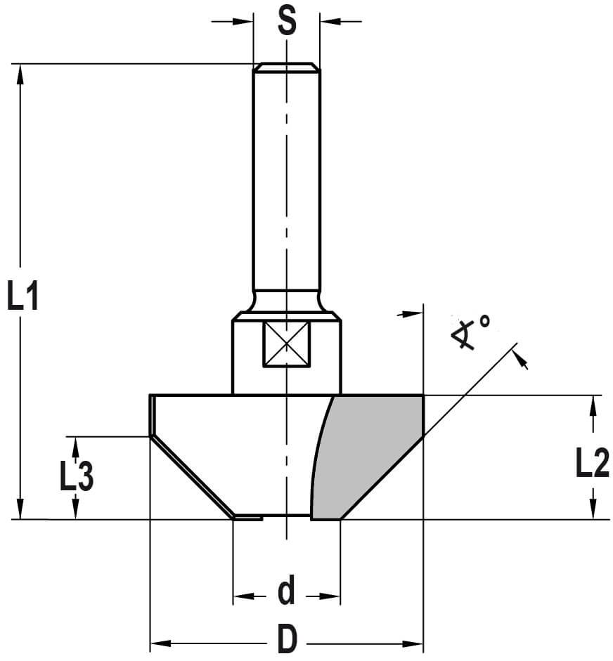 Fasefrees 45° zonder lager, L3=10 mm, TL=50 mm, S=6 mm, HW