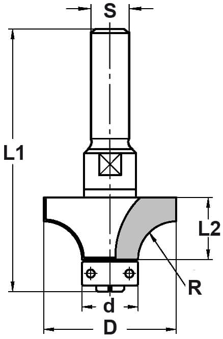 Afrondprofielfrees R=15,0 mm met lager, D=44 mm, S=12 mm, HW