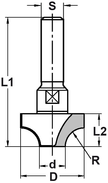 Kwartrondprofielfrees R=8,0 mm onderkant ingelegd HW, D=27 mm, S=12 mm, HW