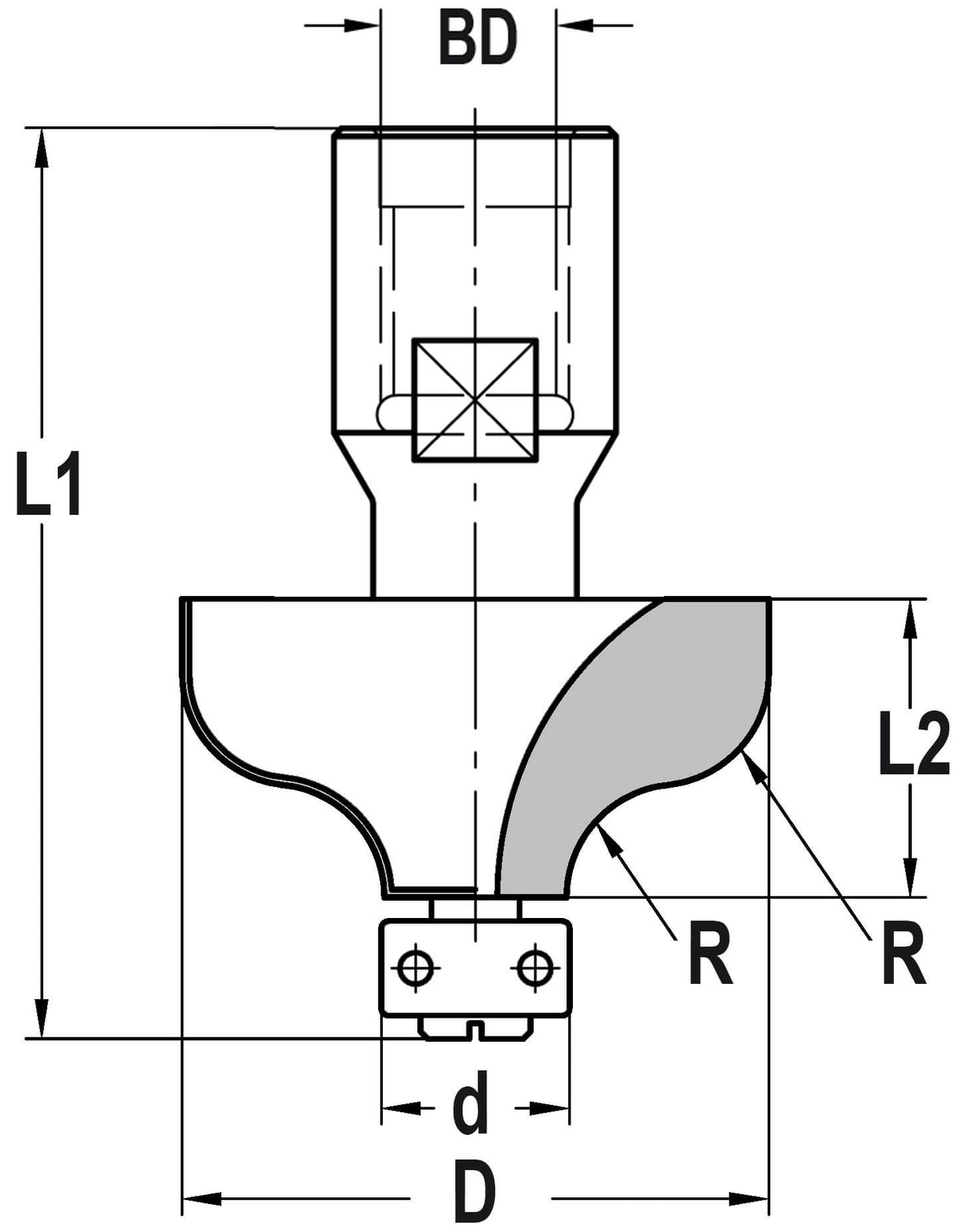 S-profielfrees R=7,2 mm met lager 12 mm, L2=19 mm, Binnendraad M12, HW