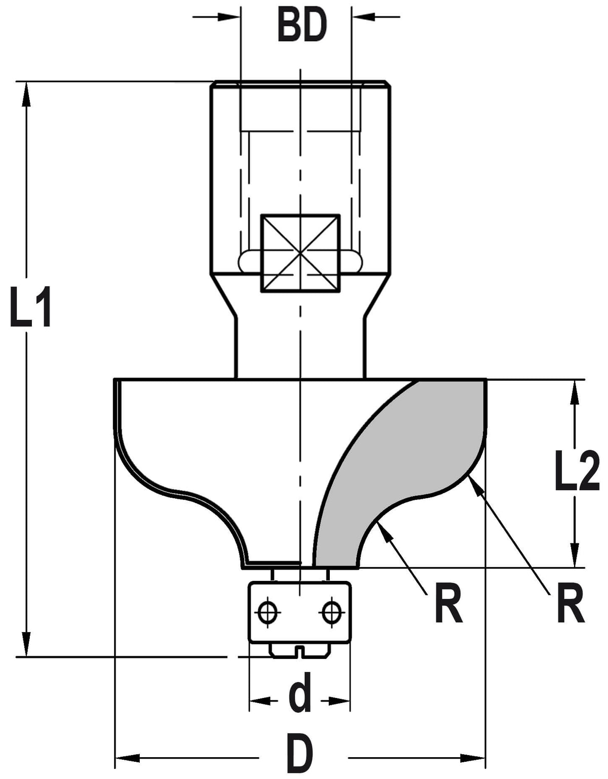 S-profielfrees R=7,2 mm met lager 9 mm, L2=19 mm, Binnendraad M10, HW