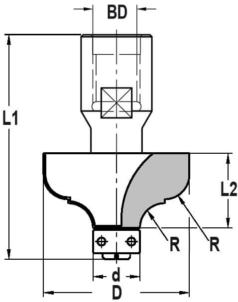 Multiprofielfrees R=6,3 mm met lager 12 mm, L2=19 mm, Binnendraad M12, HW
