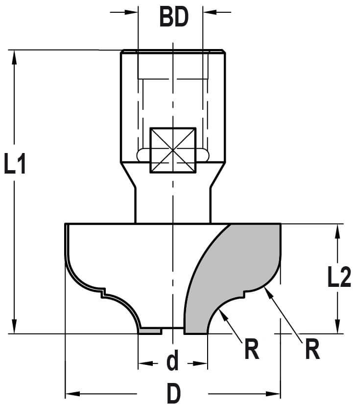 Multiprofielfrees R=6,3 mm zonder lager, L2=19 mm, Binnendraad M10, HW