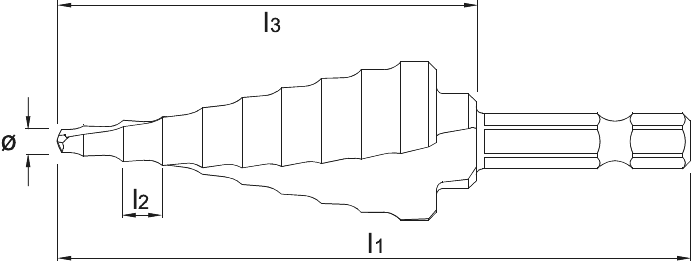 Phantom HSS Getrapte Plaatboor, Ergo-Step DIN 3126-DIN ISO 1173 E6,3 gespiraliseerd, TiAlN, 1/4″ (6,35 mm)-zeskant bitopname