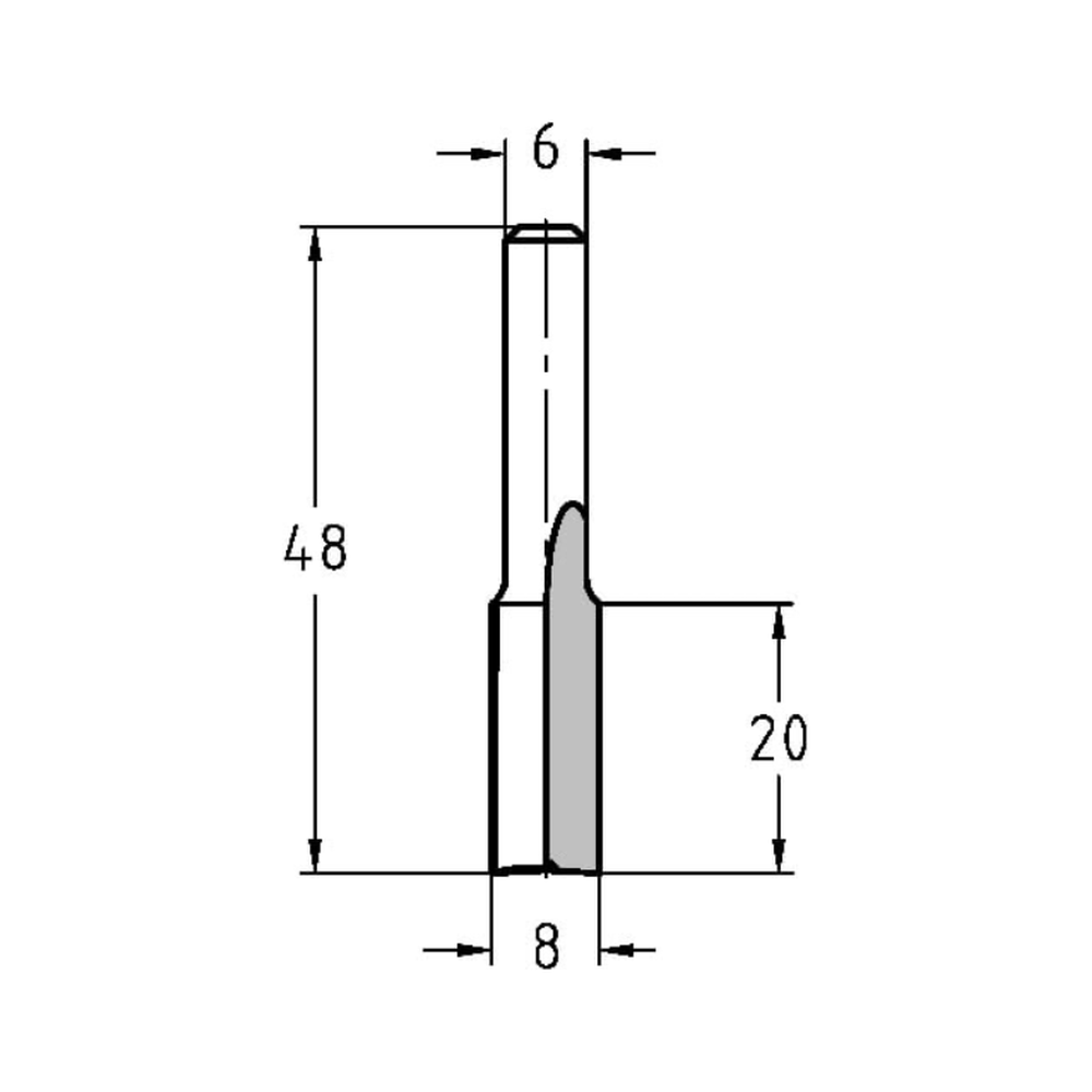 GROEFFREES Ø 8 X 20 MM, TL=48 MM, S=6 MM, HW