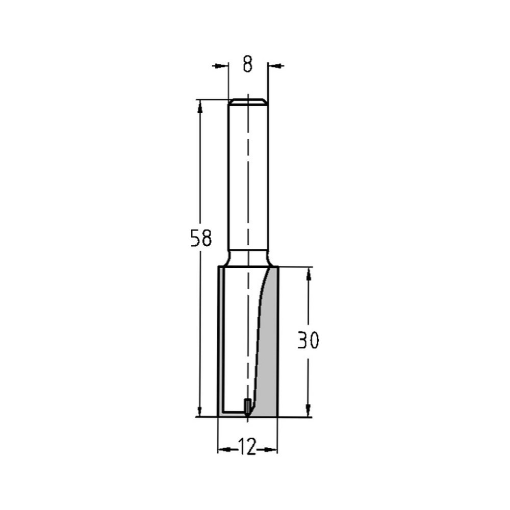 GROEFFREES KORT Ø 12 X 30 MM, TL=58 MM, S=8 MM, HW
