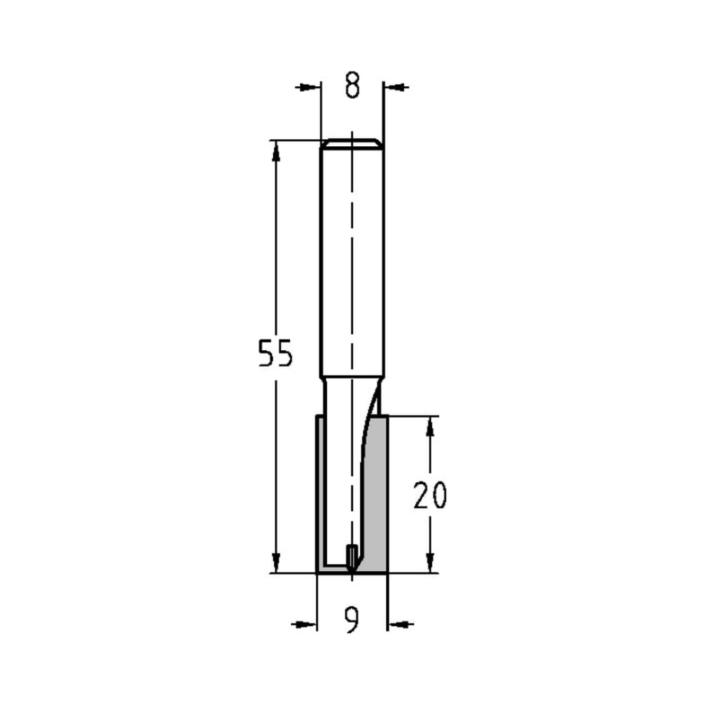 GROEFFREES Ø 9 X 20 MM, TL=55 MM, S=8 MM, HW