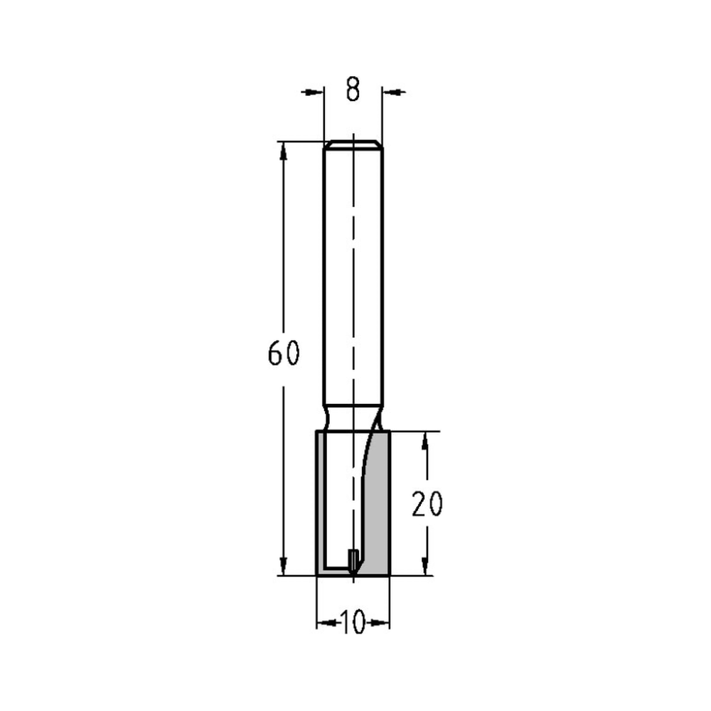 GROEFFREES Ø 10 X 20 MM, TL=60 MM, S=8 MM, HW