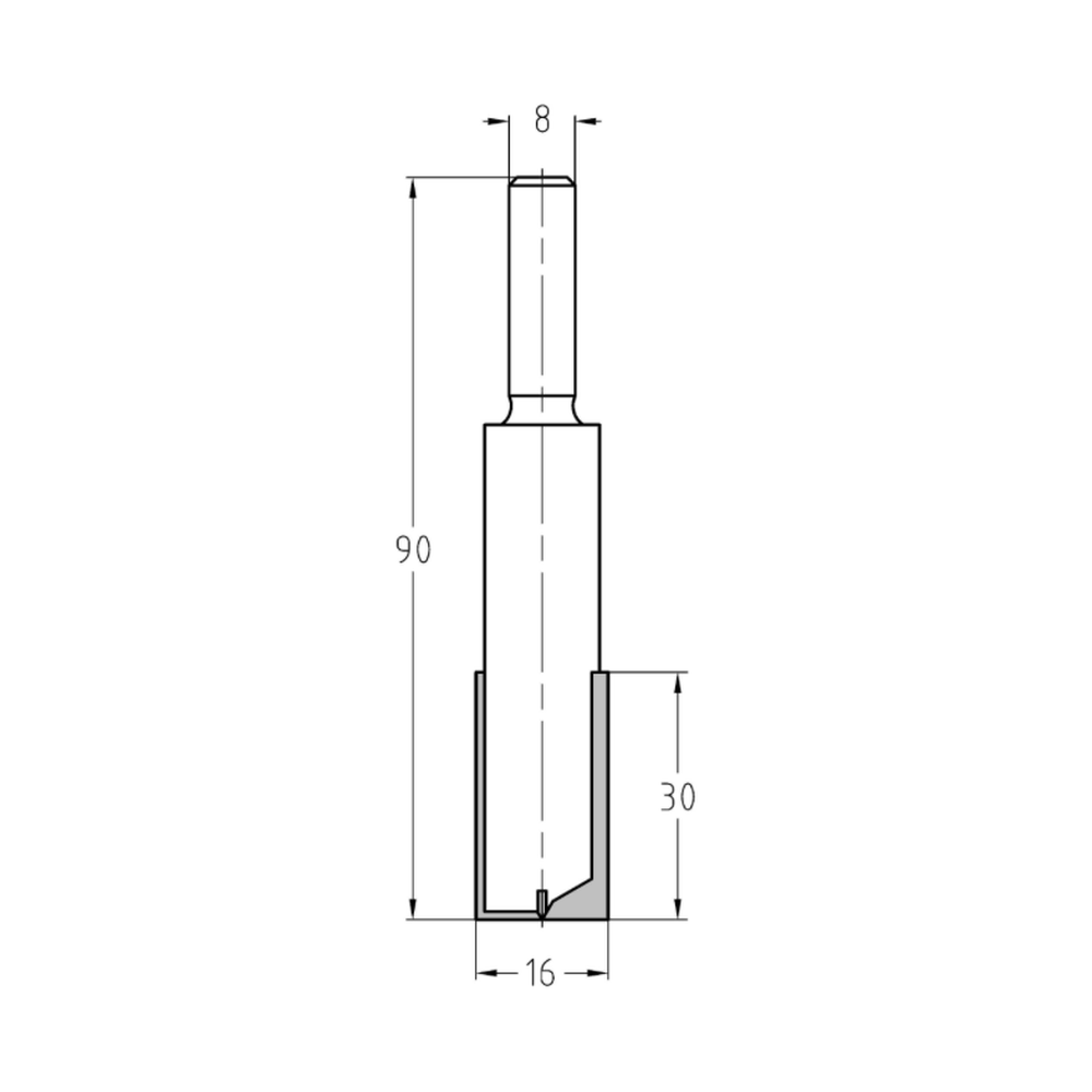 GROEFFREES Ø 16 X 30 MM, TL=90 MM, S=8 MM, HW