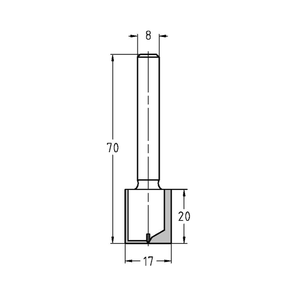 GROEFFREES Ø 17 X 20 MM, TL=70 MM, S=8 MM, HW