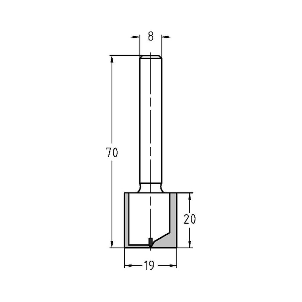 GROEFFREES Ø 19 X 20 MM, TL=70 MM, S=8 MM, HW
