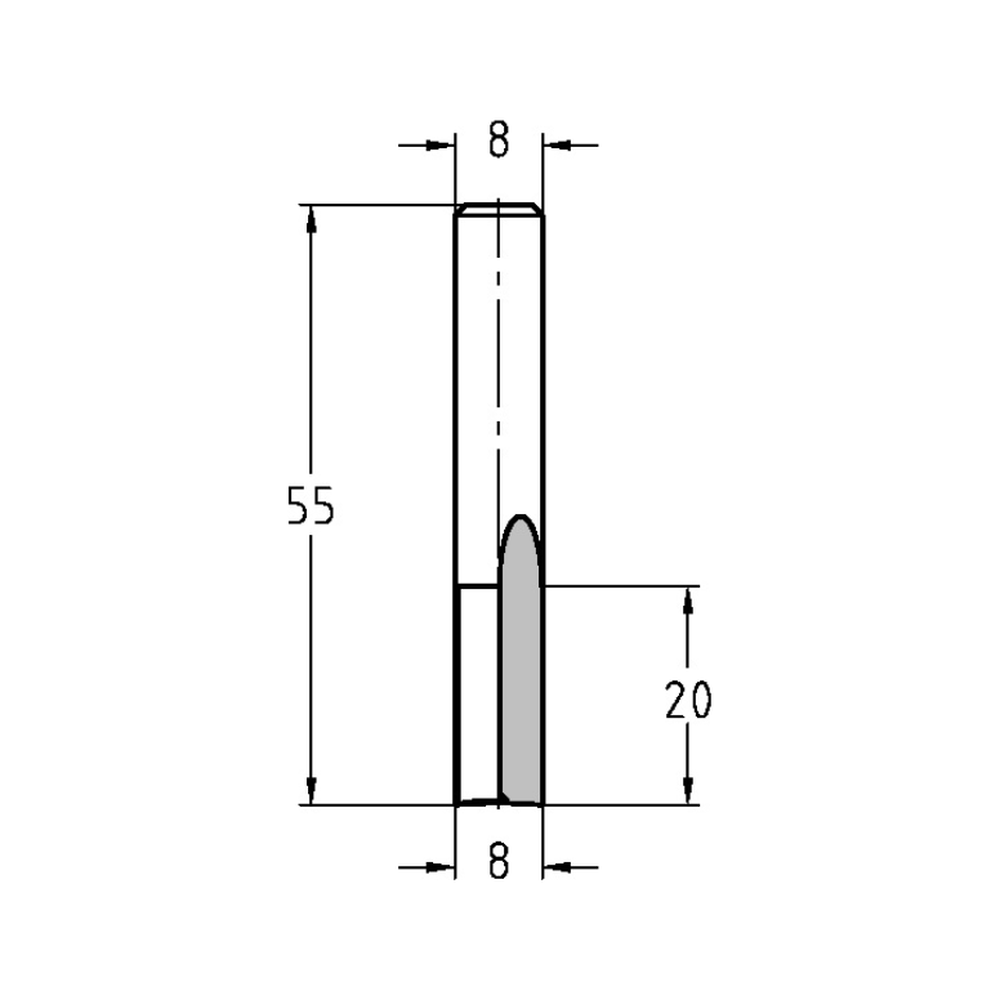 GROEFFREES Ø 8 X 20 MM, TL=55 MM, S=8 MM, HS