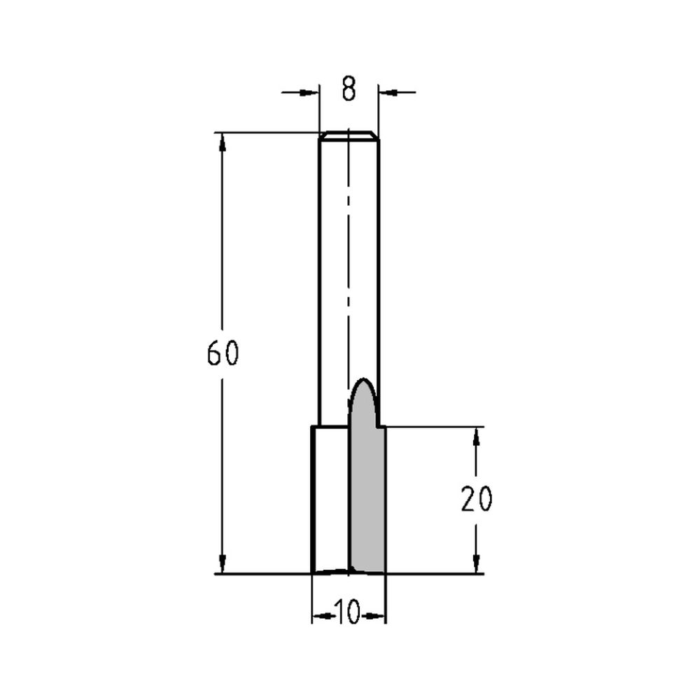 GROEFFREES Ø 10 X 20 MM, TL=60 MM, S=8 MM, HS