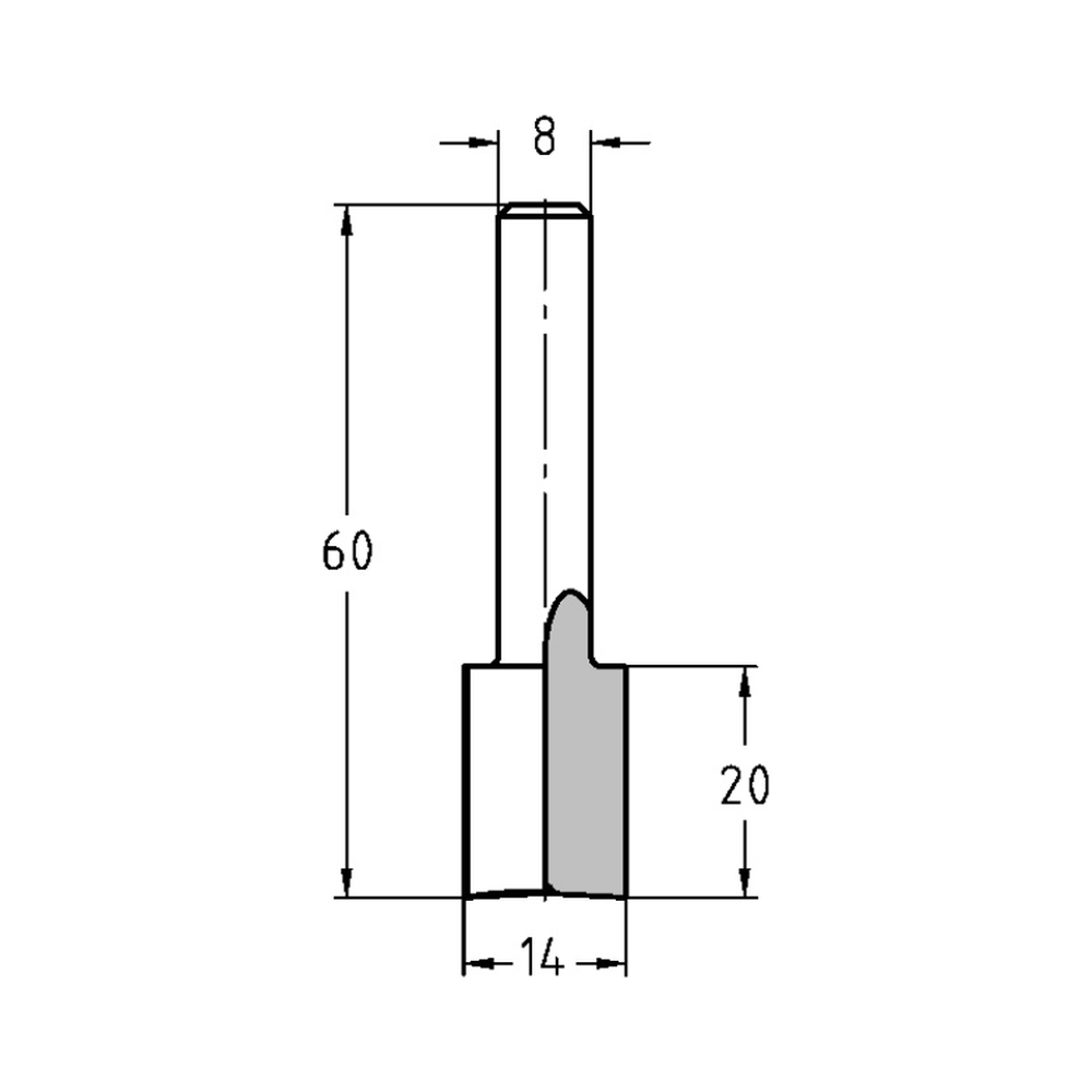 GROEFFREES Ø 14 X 20 MM, TL=60 MM, S=8 MM, HS