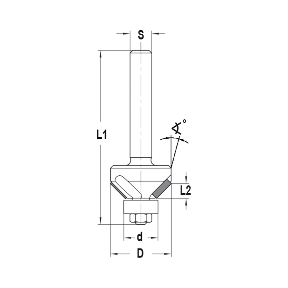 DIAMANT FASEFREES 45° MET LAGER, L2=5.1 MM, TL=65 MM, S=8 MM, DP