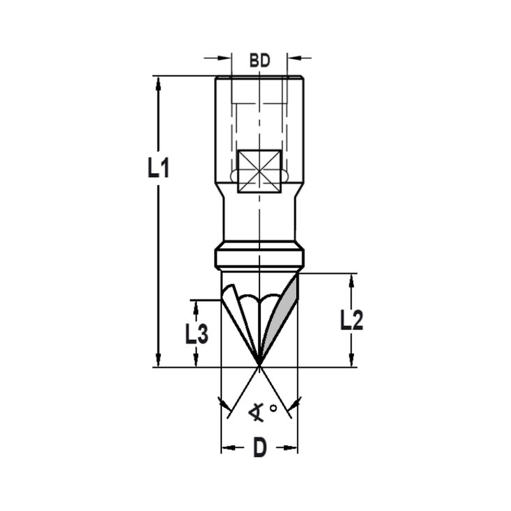 V-GROEFFREES 90°, D=14 MM, BINNENDRAAD M10, VHW, Z=3 Wisselschacht uitvoering