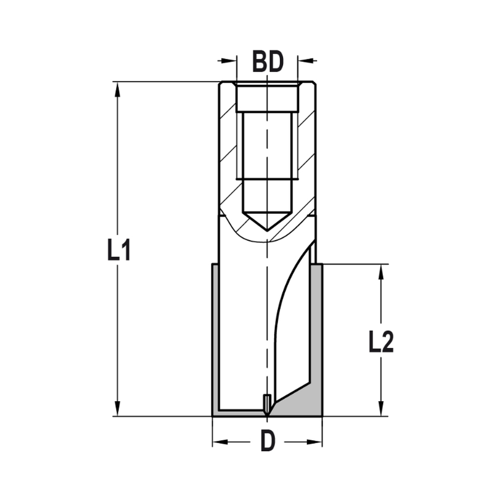 GROEFFREES Ø 12 X 45 MM, TL=77 MM, BINNENDRAAD M12, HW Zij- en onderkant snijdend, onderkant ingelegd HW