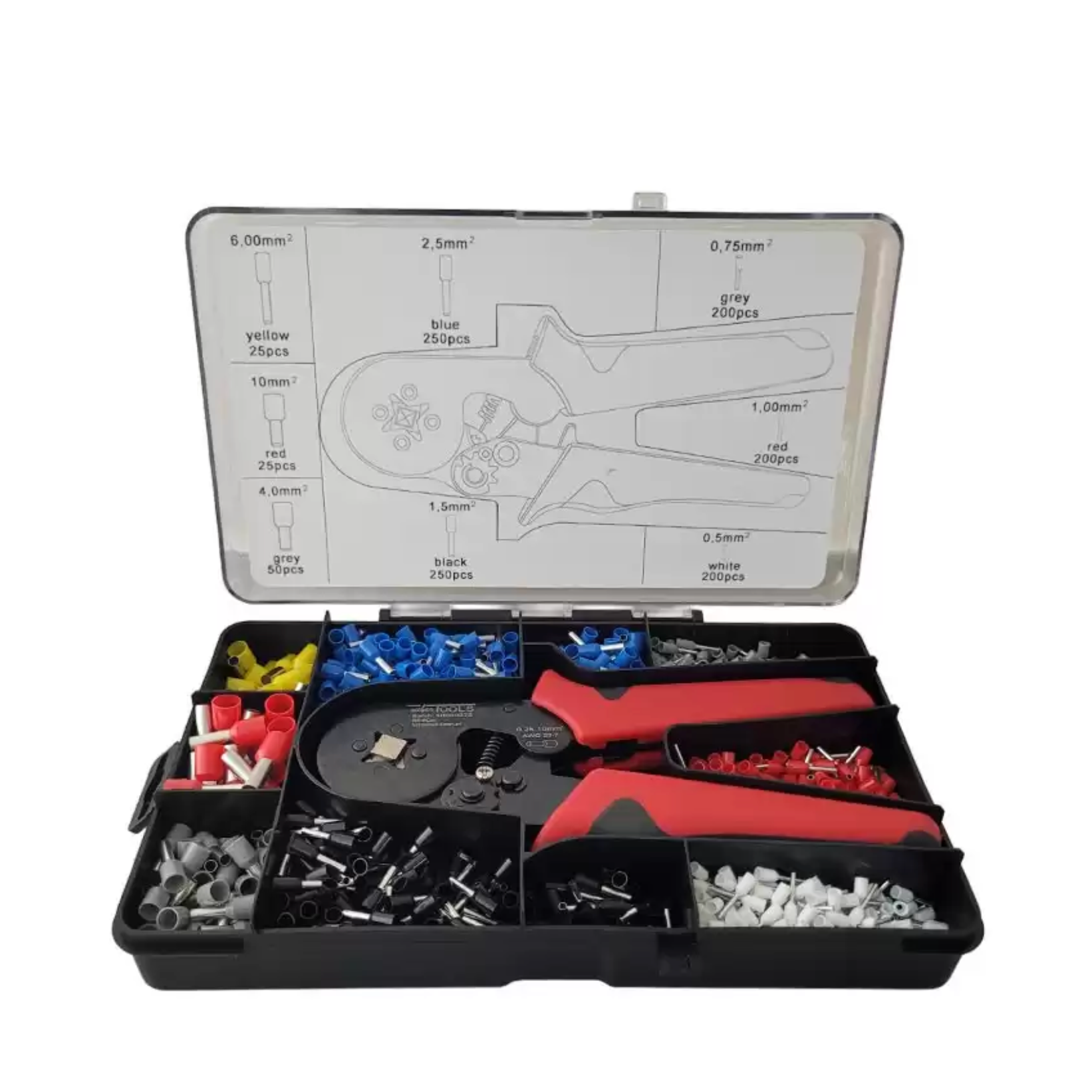 Krimptang voor adereindhulzen 0,25 – 10 mm² Met assortiment 0,5 – 10 mm²