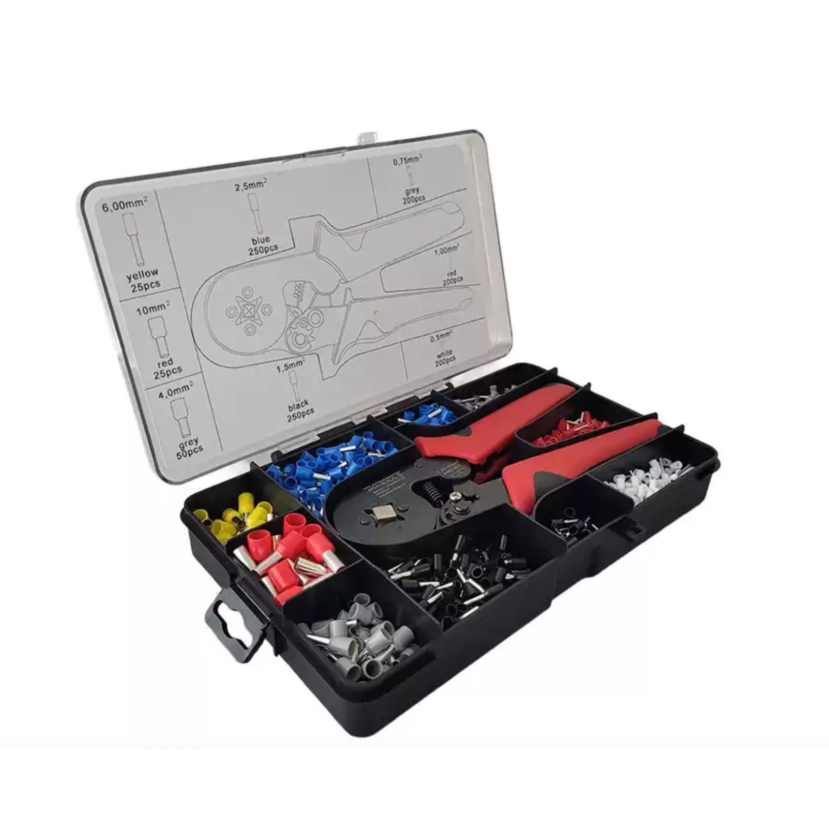 Krimptang voor adereindhulzen 0,25 – 10 mm² Met assortiment 0,5 – 10 mm²