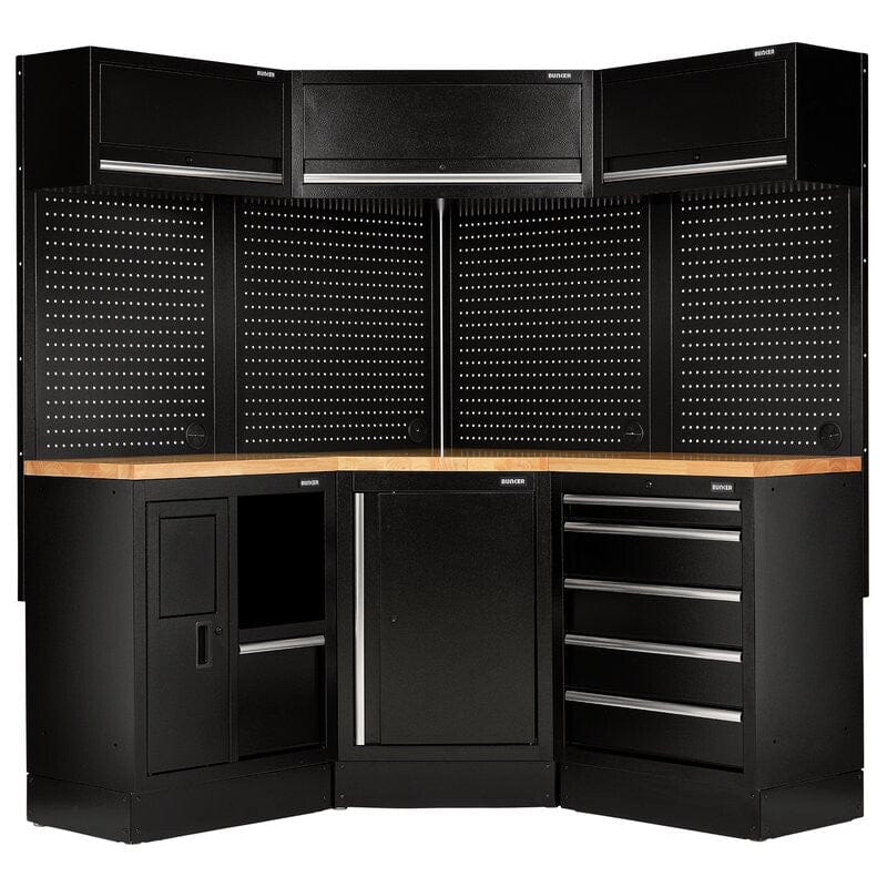 BUNKER 46cm hoekopbergcombinatie 18 - delig – hardhouten werkblad – modulaire werkplaatsinrichting (154×200×154 cm)BunkerMZS Gereedschap