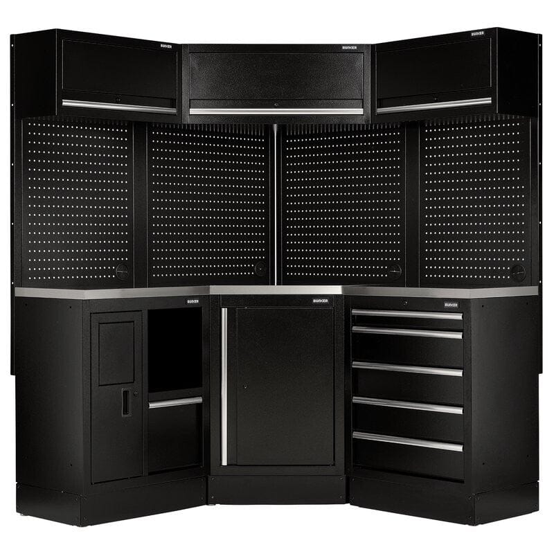 BUNKER 46cm hoekopbergcombinatie 18 - delig – RVS werkblad – modulaire werkplaatsinrichting (154×200×154 cm)BunkerMZS Gereedschap