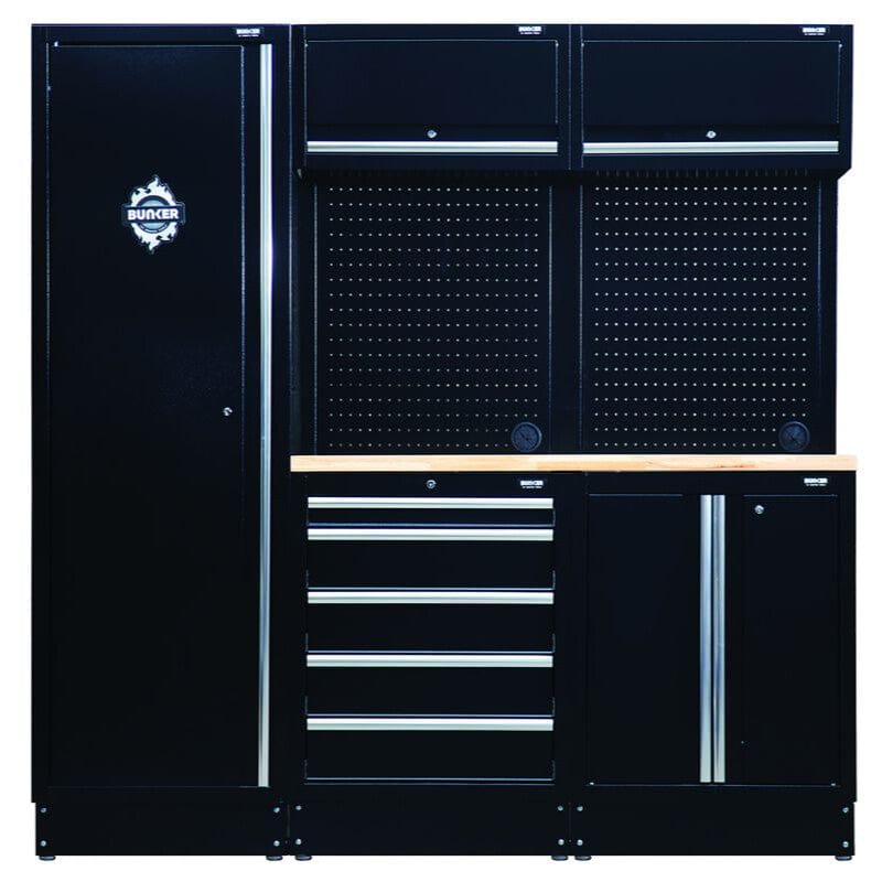 BUNKER 61 cm opbergcombinatie met hardhouten werkblad – 11 - delig – 196×61×200 cmBunkerMZS Gereedschap