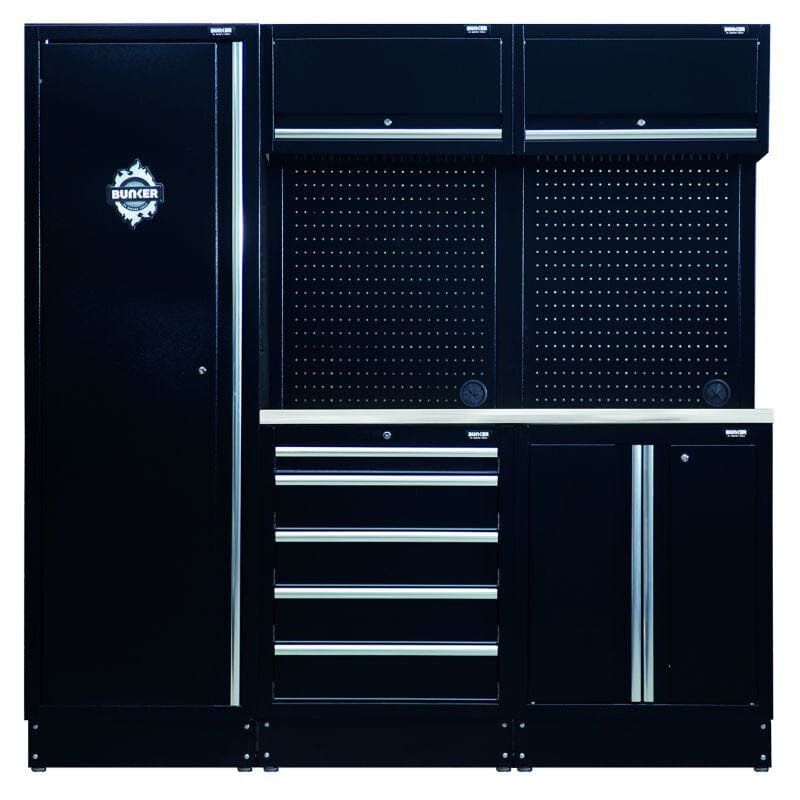 BUNKER 61 cm opbergcombinatie met RVS werkblad – 11 - delig – 196×61×200 cmBunkerMZS Gereedschap