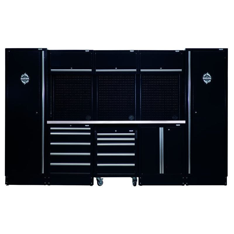 BUNKER 61 cm opbergcombinatie met RVS werkblad – 16 - delig – 324×61×200 cmBunkerMZS Gereedschap