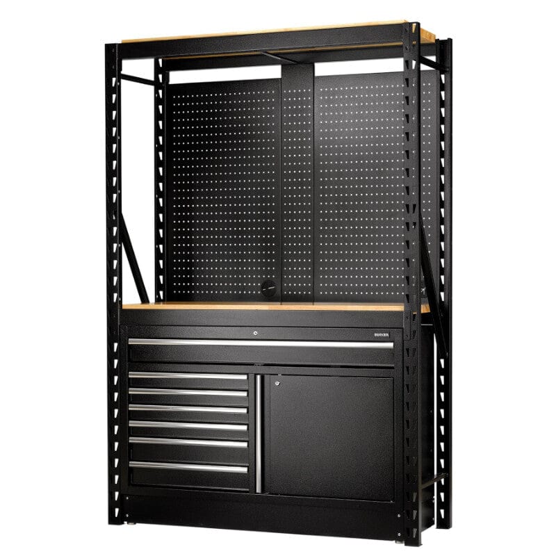 BUNKER opbergrek met geperforeerde achterwand + 2 vloerkasten – 1500×2210×520 mm – incl. houten legplankBunkerMZS Gereedschap