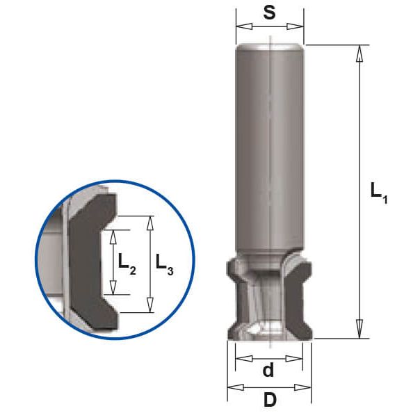 Diamant Dubbele Fasefrees 45°, L3=10,5 mm, TL=78 mm, S=25 mm, Z=2, DP