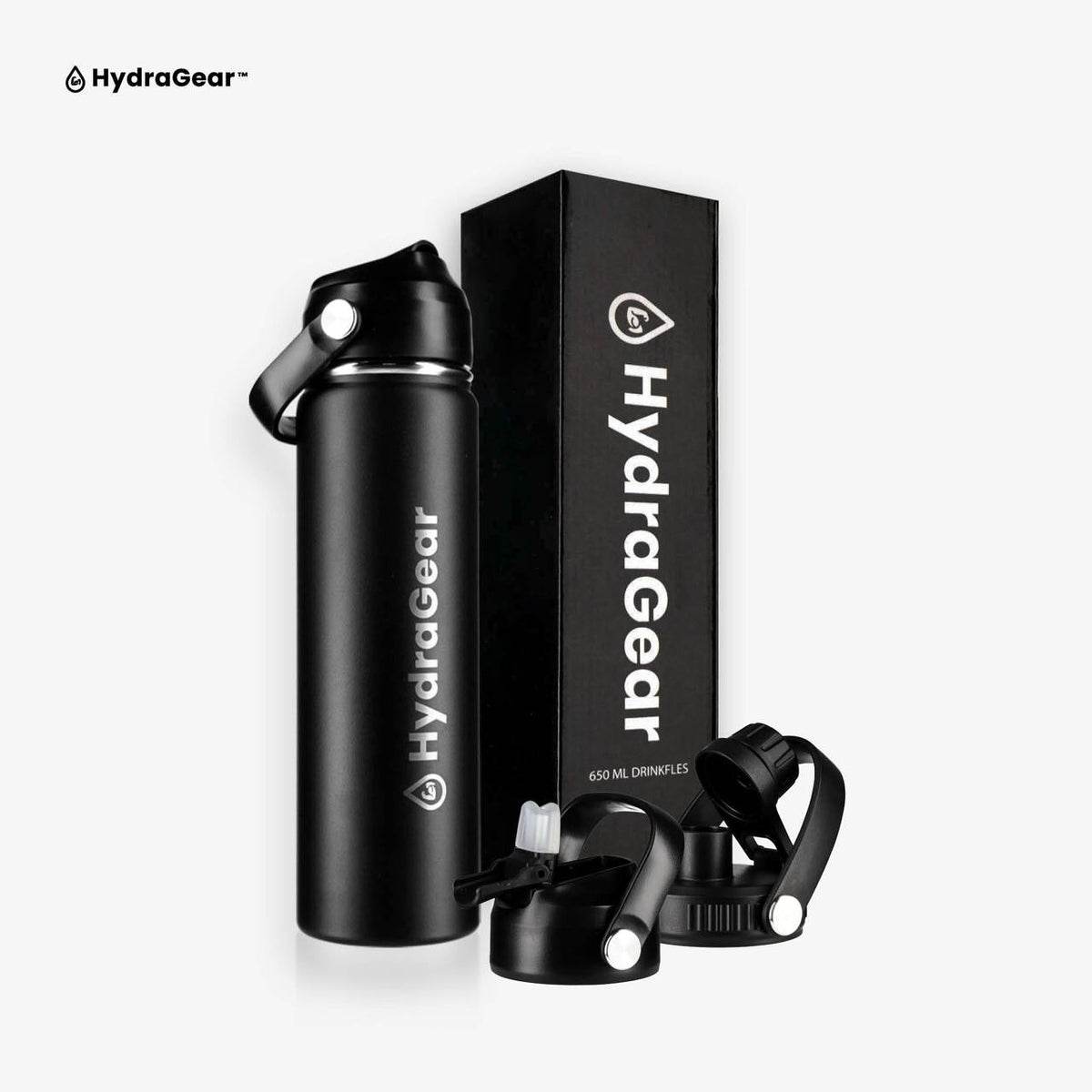 HydraGear RVS thermosfles 650 ml zwart met verpakking en doppen