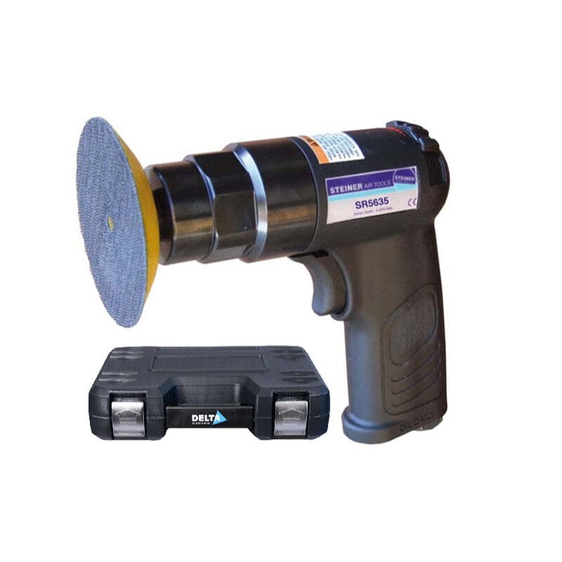 Poetsmachine 75mm velcro pad, in koffer met acc.Steiner AirtoolsMZS Gereedschap