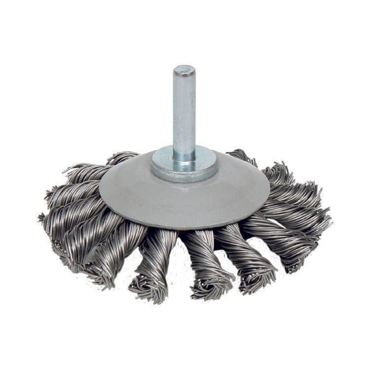Schijfborstel conisch 75mm, RVS, stift 6mm, 15.000rpm, gevlochten-0