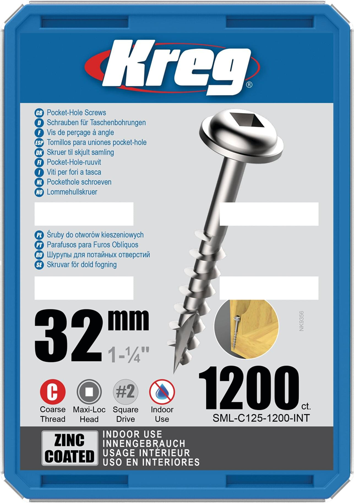 Kreg PH schroeven 32 mm verzinkt Maxi-Loc grof schroefdraad 1200 stuks