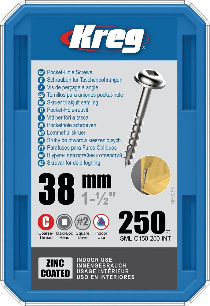 Kreg PH schroeven 38 mm verzinkt Maxi-Loc grof schroefdraad 250 stuks