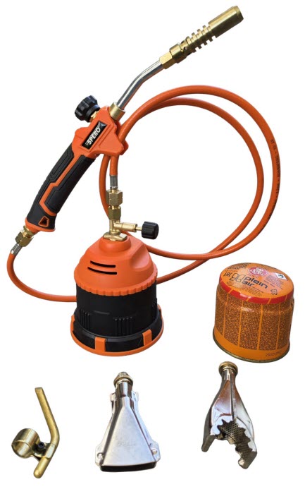 20mm Lasbrander Propaan - 2Mtr Slang - 190Gr. Patroonhouder + 3 opzetstukken Max: 750°C Excl.Gas