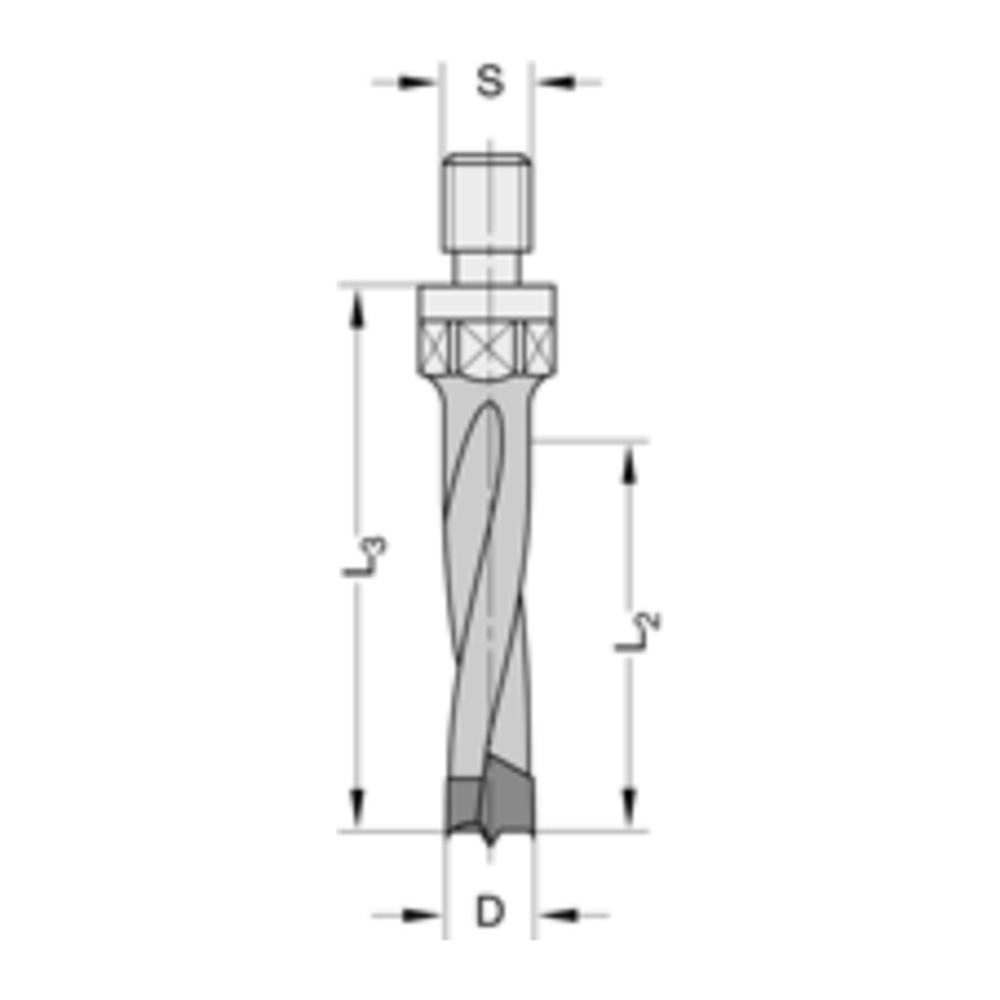 Drevelboor HW Z=2/V=2 Buitendraad M8, met centreerpunt en spiraalgeleideling