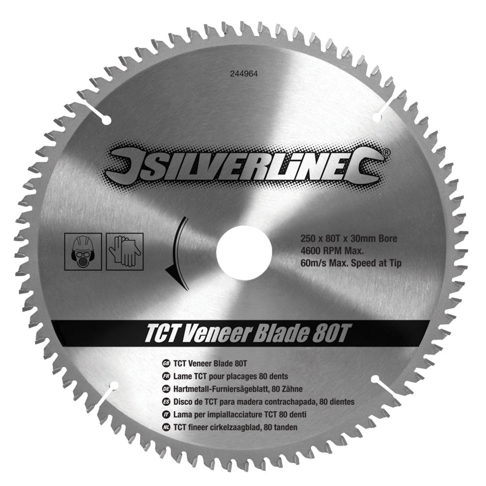 Silverline - TCT fineer cirkelzaagblad, 80 tanden 250 x 30 - 25, 20 en 16 mm ringen