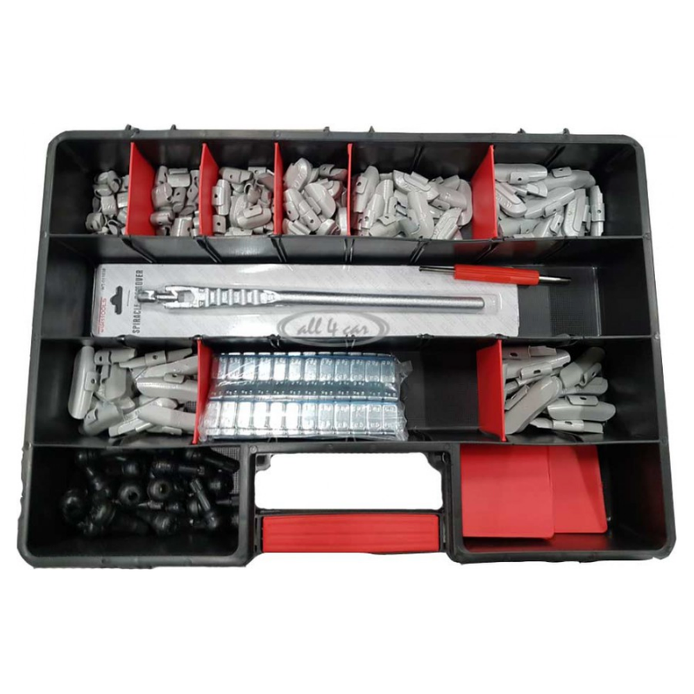 Koffer met wielgewichten en ventielen