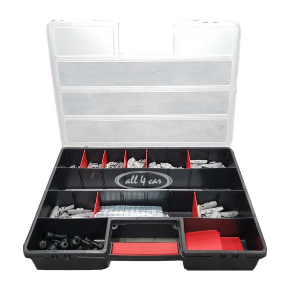 Koffer met wielgewichten en ventielen