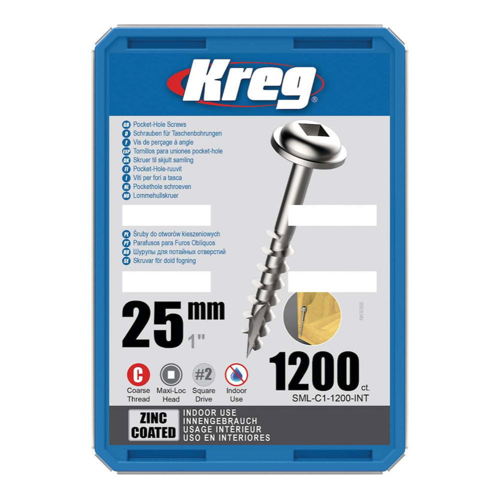 Kreg Pocket-Hole Schrauben 25 mm, Verzinkt, Maxi-Loc, Grobgewinde, 1200 Stück