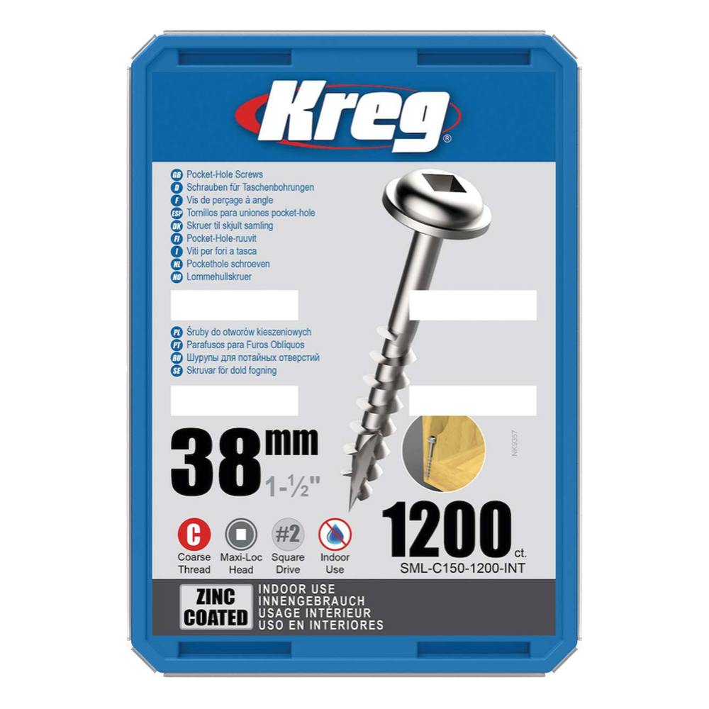 Kreg Pocket-Hole Schrauben 38 mm, Verzinkt, Maxi-Loc, Grobgewinde, 1200 Stück